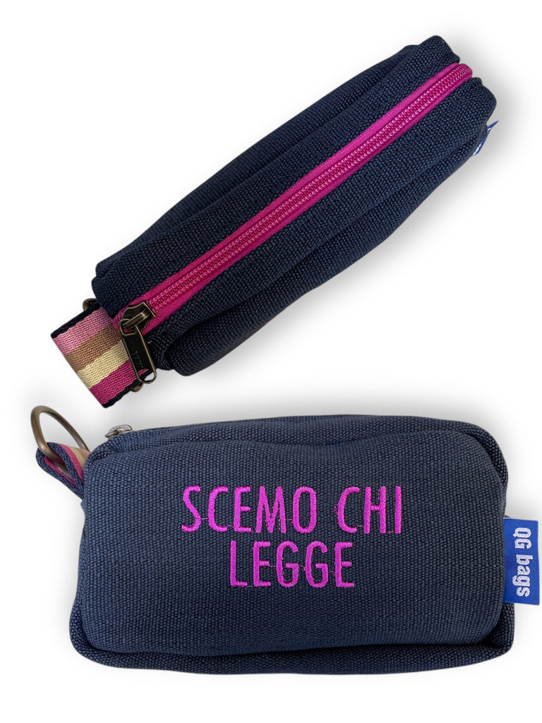 PILLOLA tessuto blu + ricamo fucsia