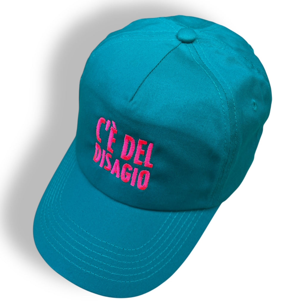 CAP tessuto verde acqua + ricamo fucsia fluo