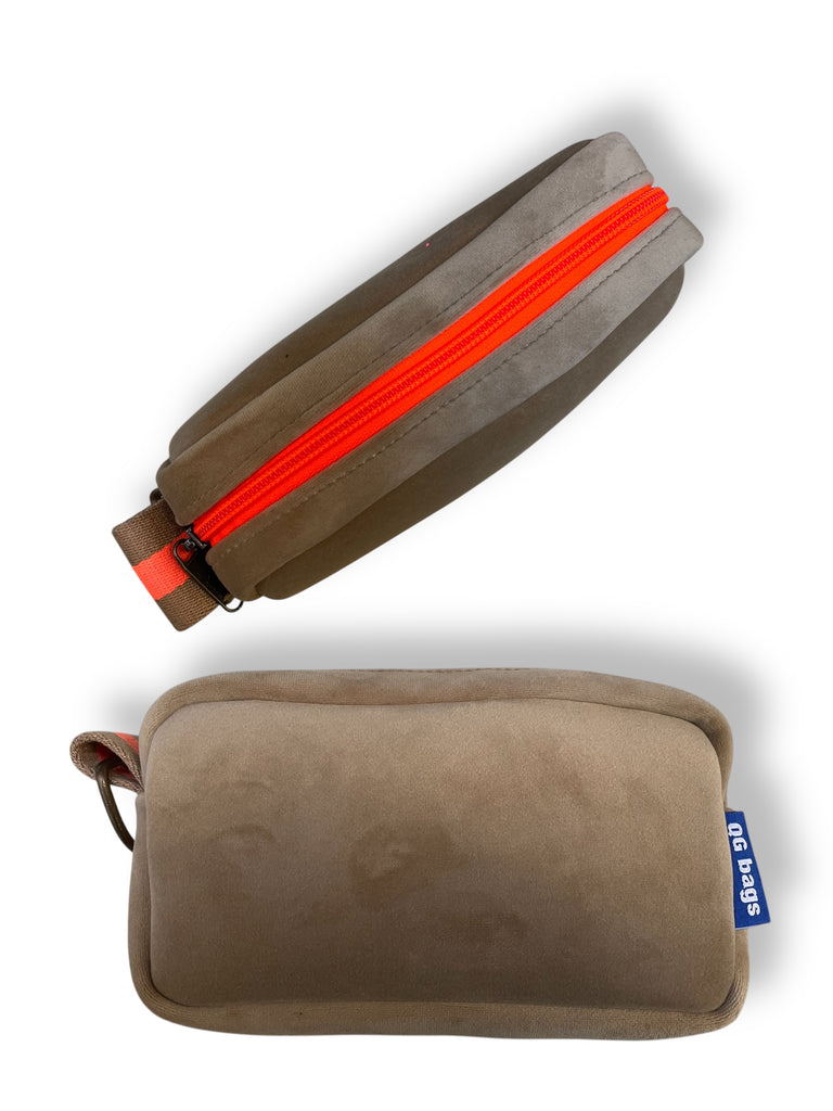 PILLOLA velluto impermeabile beige + cerniera arancione fluo