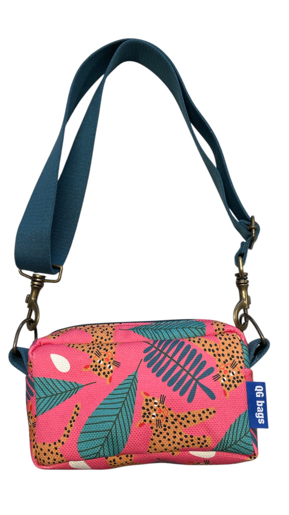PILLOLA PLUS canvas stampato giaguari fucsia + tracolla blu petrolio