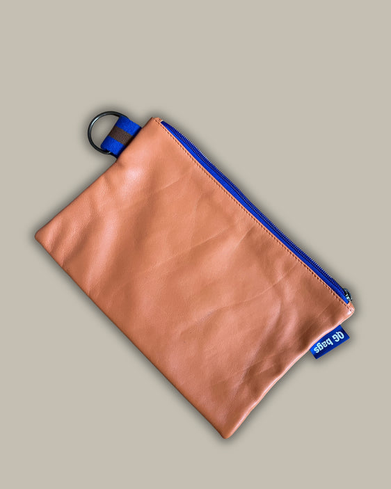 POCHETTE pelle arancione + cerniera azzurra