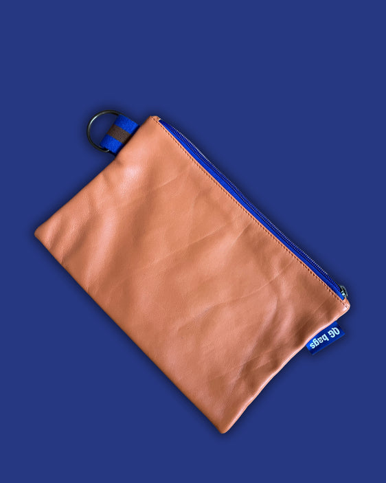 POCHETTE pelle arancione + cerniera azzurra