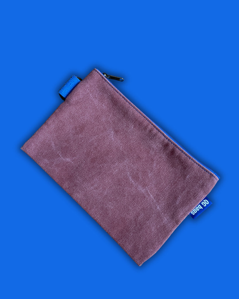 POCHETTE tessuto malva + cerniera azzurra