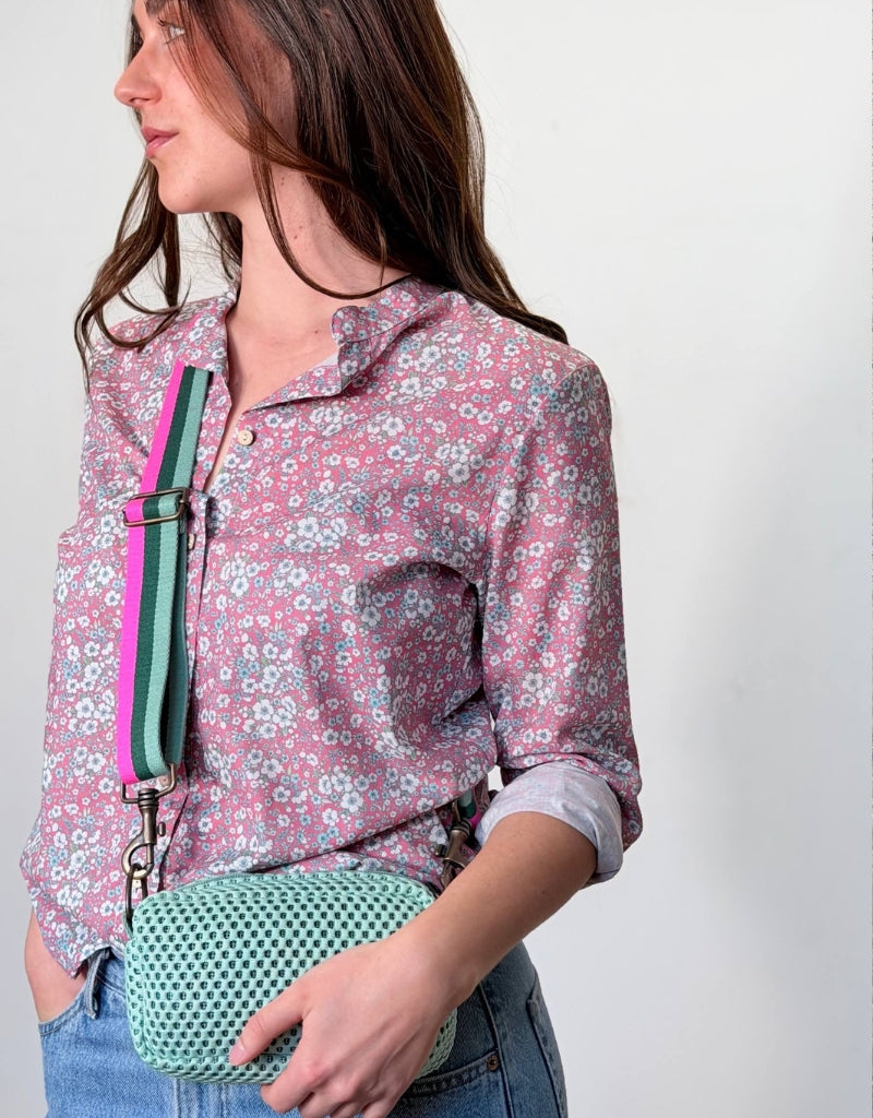 FLUO fuchsia neoprene PILLOW + blue embroidery