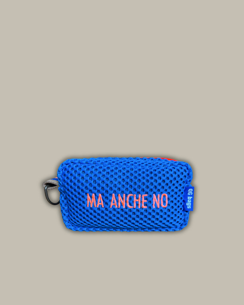 Light blue pill with fluorescent pink embroidery