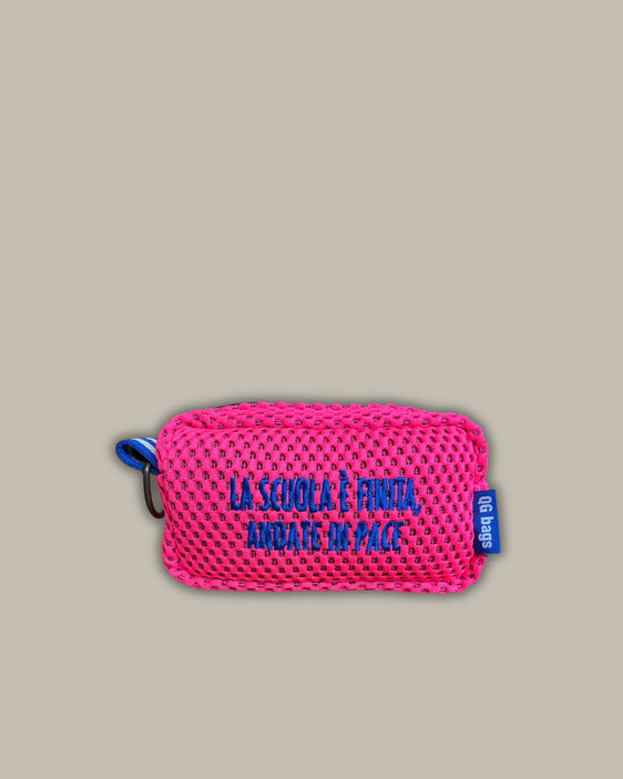 Light blue pill with fluorescent pink embroidery