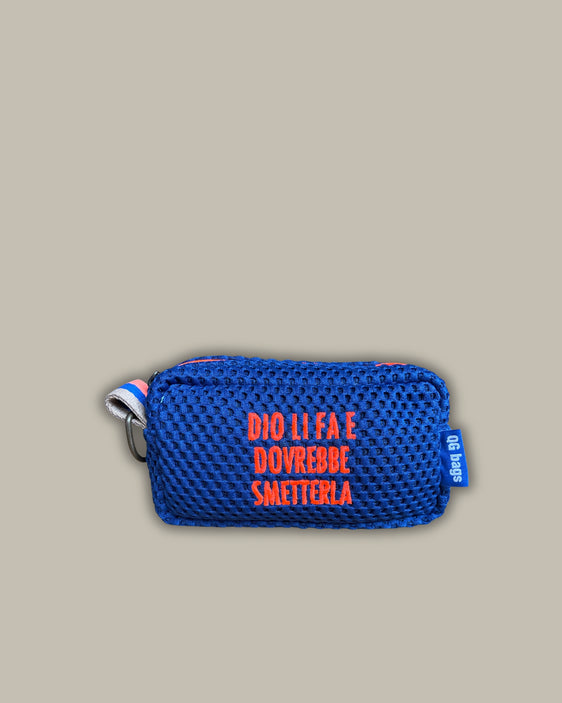 Light blue pill with fluorescent pink embroidery