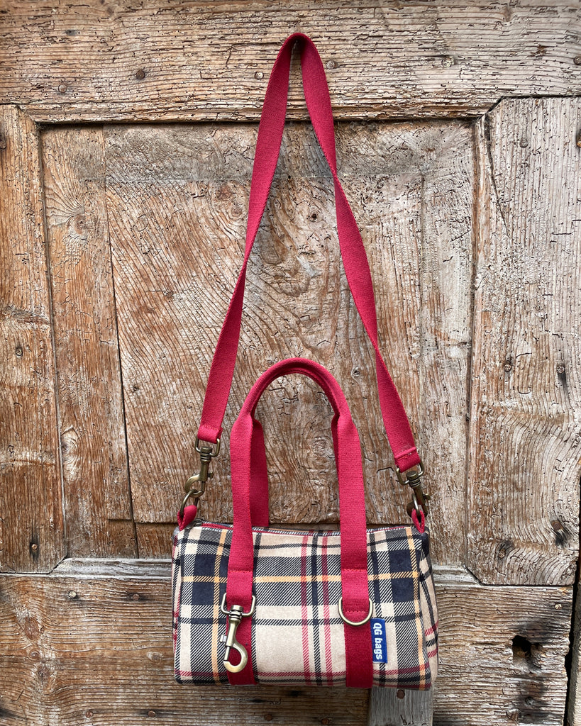 MISS BAG velluto impermeabile tartan + manico rosso scuro