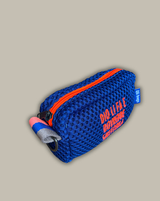 Light blue pill with fluorescent pink embroidery