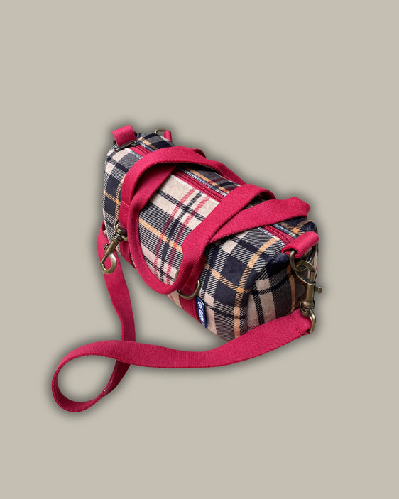 MISS BAG velluto impermeabile tartan + manico rosso scuro