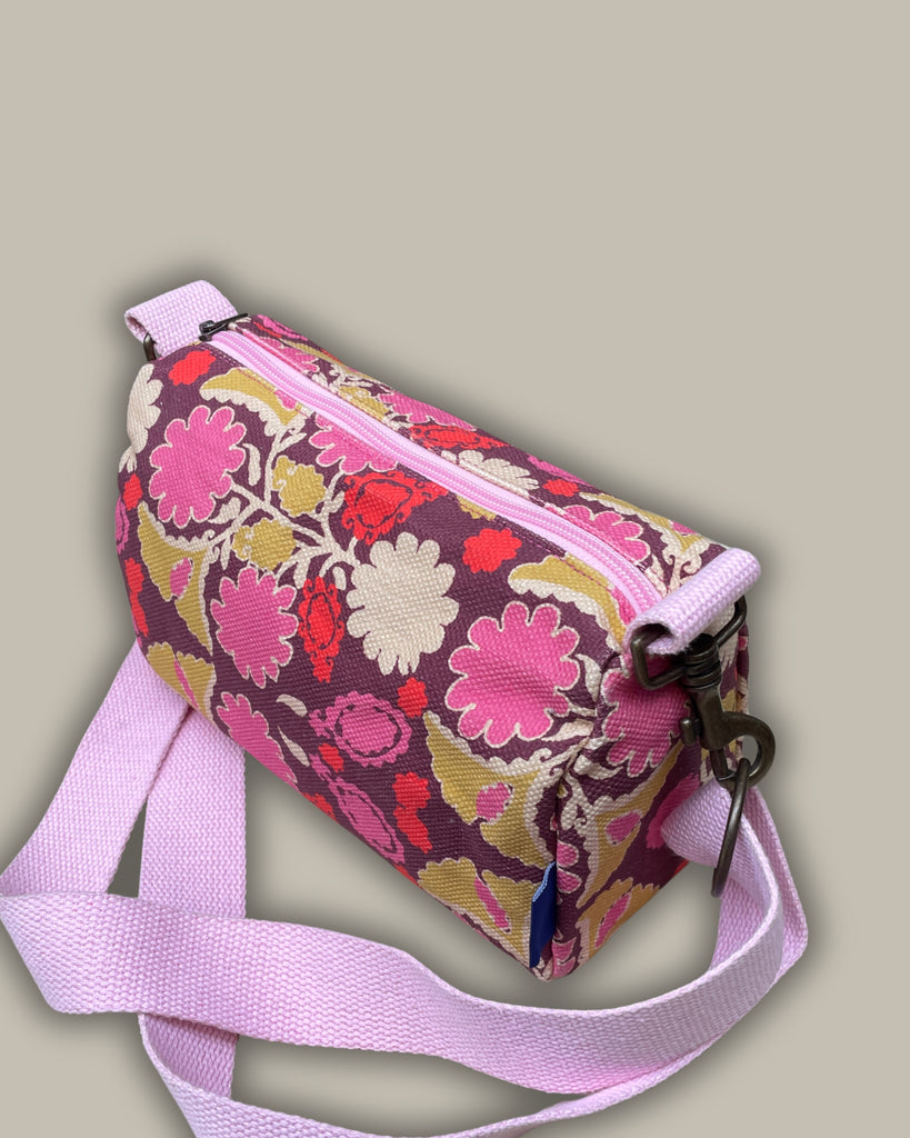 BEAUTY CLASSIC canvas stampato fiori  - manico rosa (tracolla regolabile inclusa)