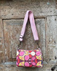 BEAUTY CLASSIC canvas stampato fiori  - manico rosa (tracolla regolabile inclusa)
