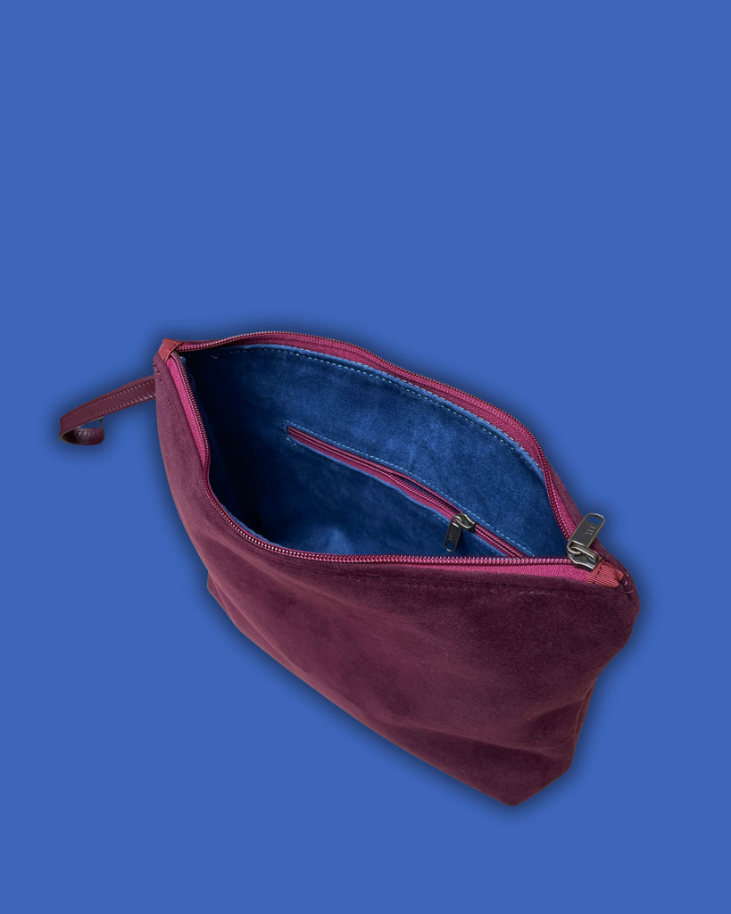 POCHETTONA velluto bordeaux - cerniera bordeaux - fodera bluette