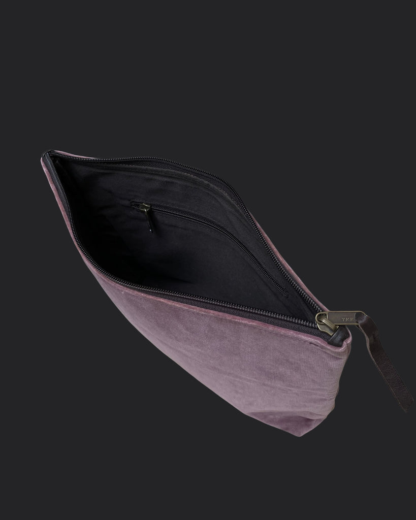 POCHETTONA velluto lilla - cerniera marrone - fodera marrone