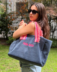 GINGI'S BAG tessuto spugna avio - manico fru fru fucsia fluo/panna