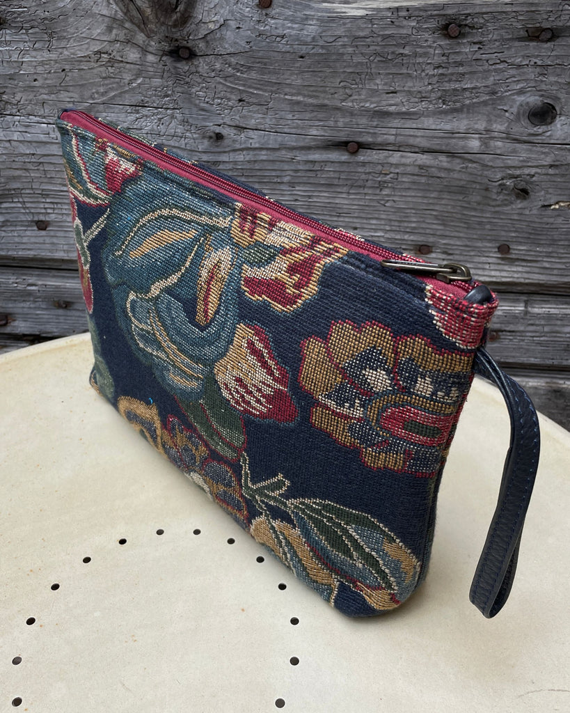 POCHETTONA tessuto jacquard fiori - cerniera bordeaux - fodera blu