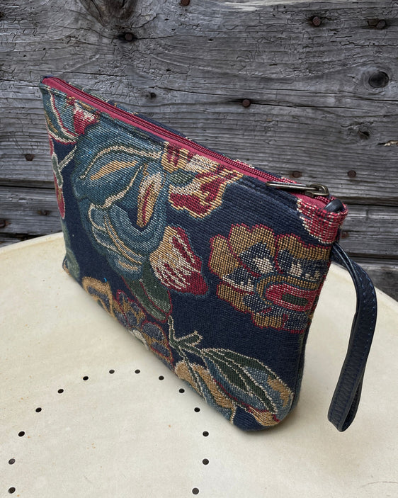 POCHETTONA tessuto jacquard fiori - cerniera bordeaux - fodera blu