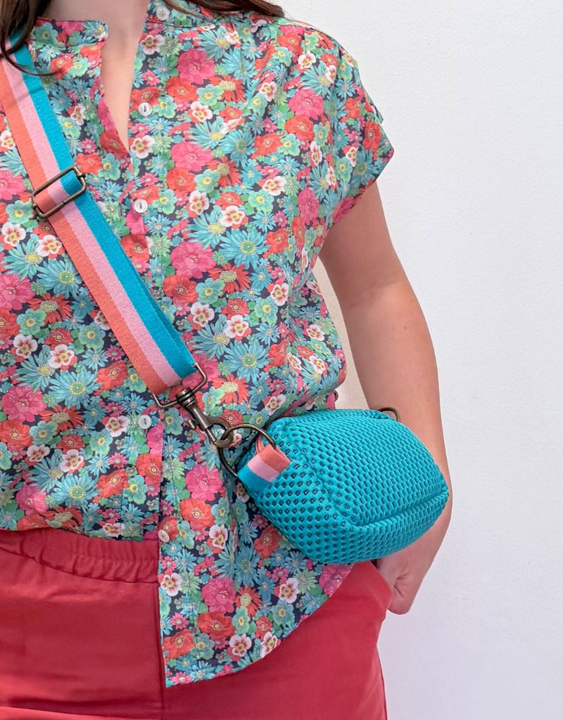 FLUO fuchsia neoprene PILLOW + blue embroidery
