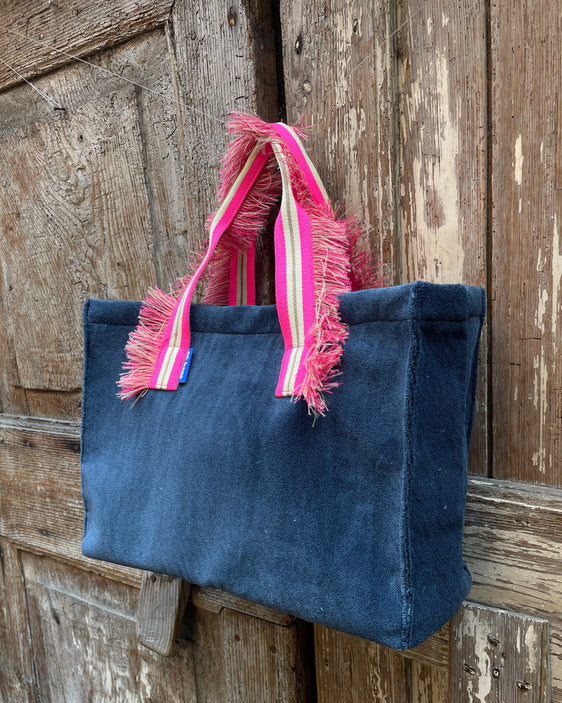 GINGI'S BAG tessuto spugna avio - manico fru fru fucsia fluo/panna
