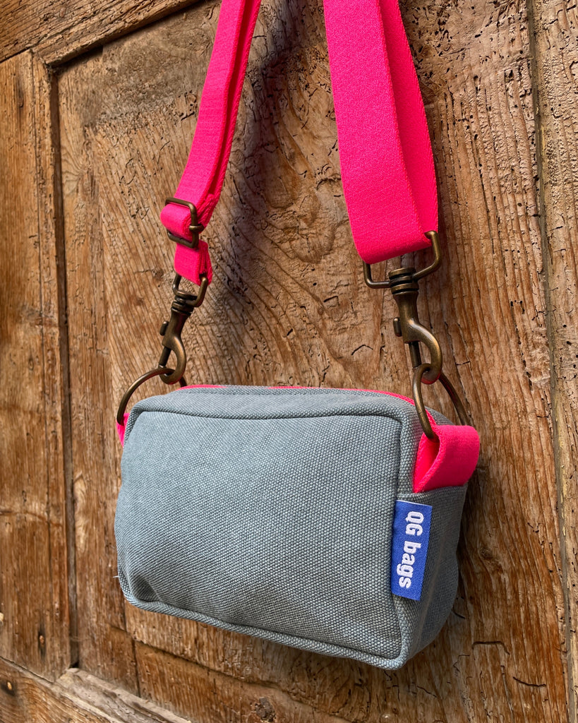 FLUO fuchsia neoprene PILLOW + blue embroidery