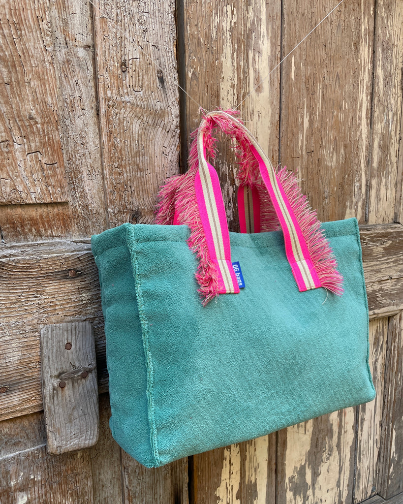 GINGI'S BAG tessuto spugna verde acqua - manico fru fru fucsia fluo/panna