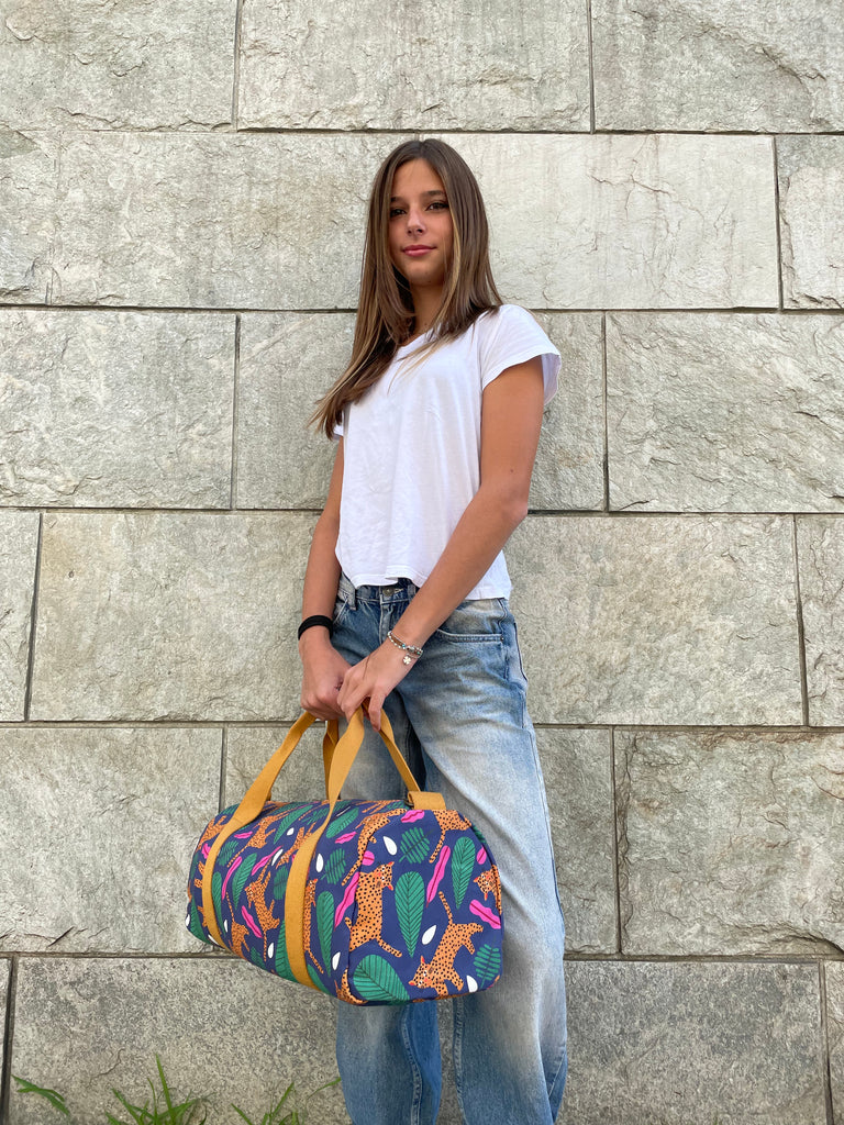 MINI BAG tessuto stampato giaguari blu + manico senape