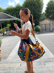 MINI BAG tessuto stampato giaguari blu + manico senape