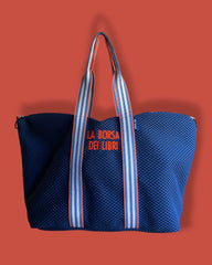 MAMA "borsa dei libri" versione 1 (Amata) neoprene blu elettrico + manico 94 + cerniera e ricamo arancione fluo