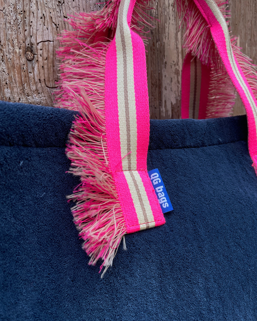 GINGI'S BAG tessuto spugna avio - manico fru fru fucsia fluo/panna