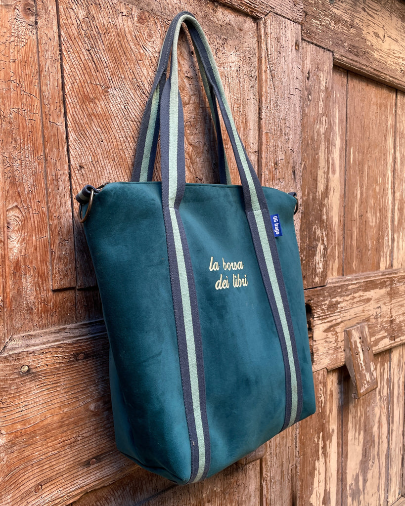 GIGI BAG speciale "la borsa dei libri" - velluto impermeabile petrolio + manico BAB