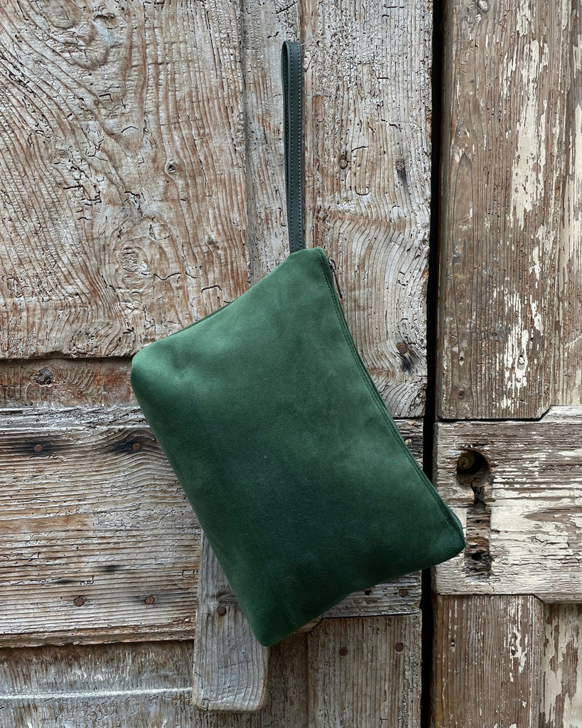 POCHETTONA velluto verde - cerniera verde - fodera azzurra