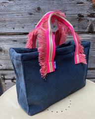 GINGI'S BAG tessuto spugna avio - manico fru fru fucsia fluo/panna