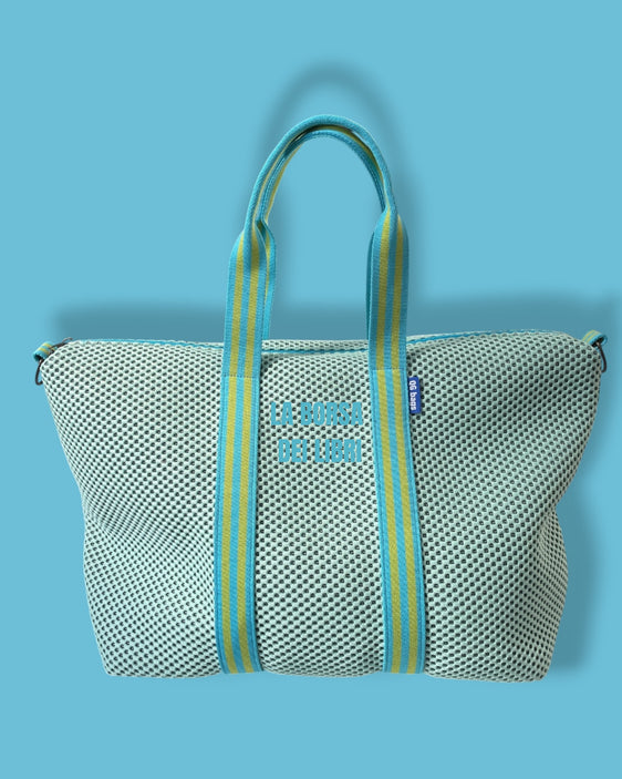 MAMA "borsa dei libri" versione 3 neoprene menta + manico G + cerniera e ricamo azzurri