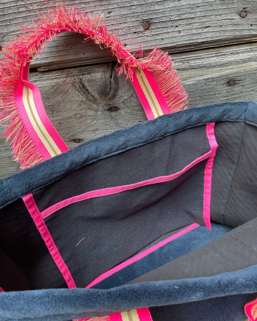 GINGI'S BAG tessuto spugna avio - manico fru fru fucsia fluo/panna