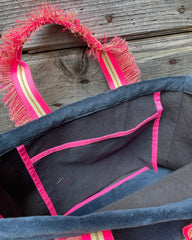 GINGI'S BAG tessuto spugna avio - manico fru fru fucsia fluo/panna