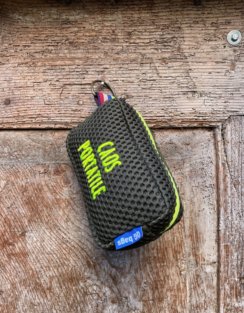 Light blue pill with fluorescent pink embroidery