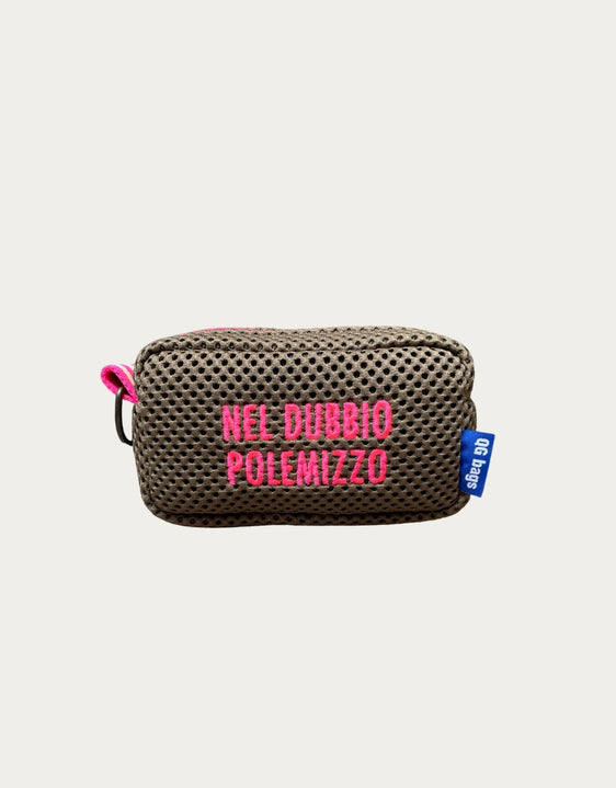 Light blue pill with fluorescent pink embroidery