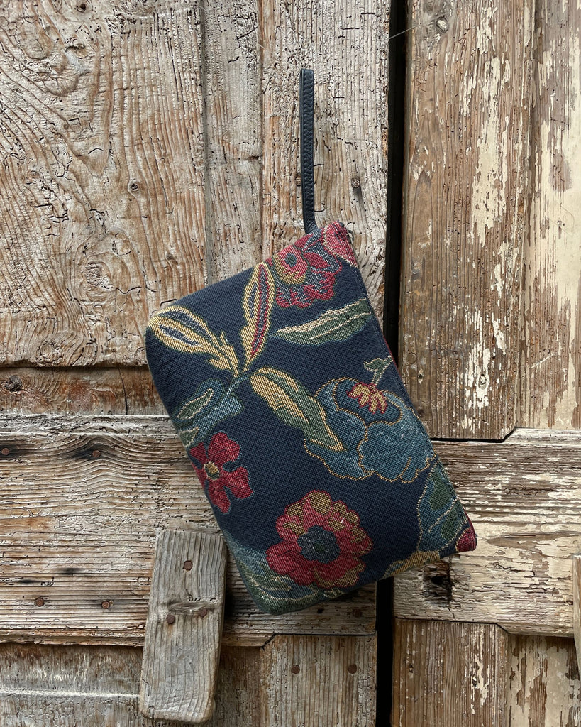POCHETTONA tessuto jacquard fiori - cerniera bordeaux - fodera blu