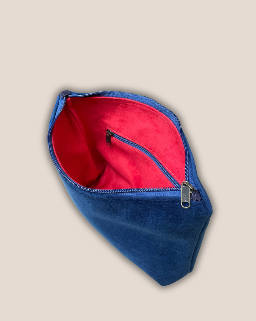POCHETTONA velluto bluette - cerniera bluette - fodera rossa