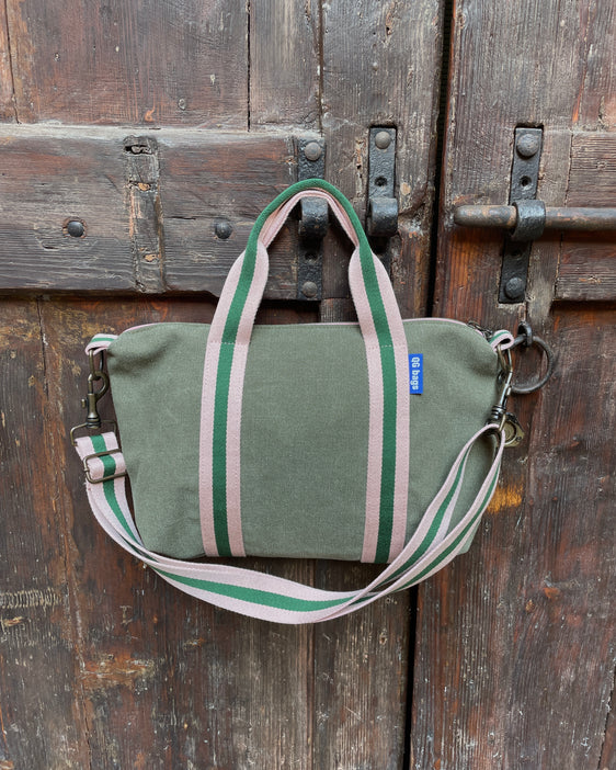GRESSINA tessuto cotone army + manico rosa/verde