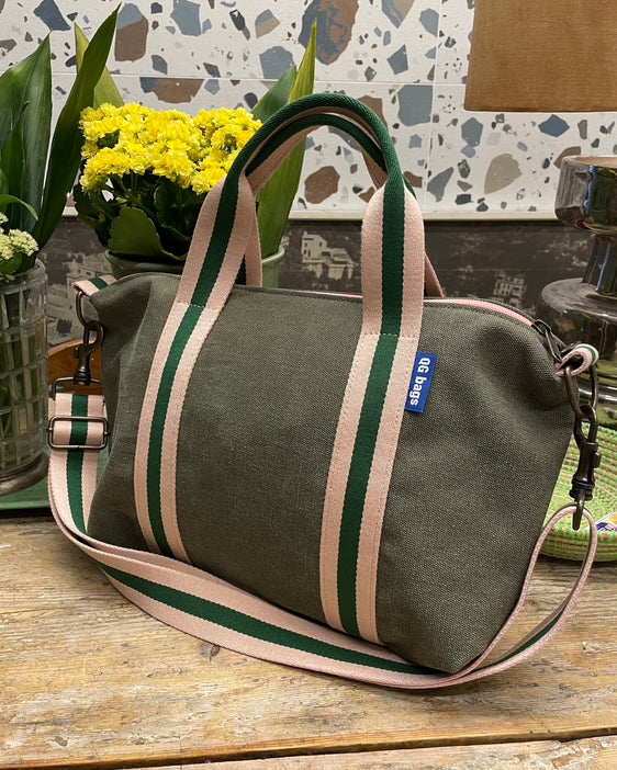 GRESSINA tessuto cotone army + manico rosa/verde