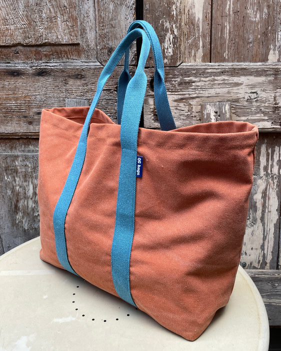 SUPER BAG tessuto cotone terracotta + manico azzurro