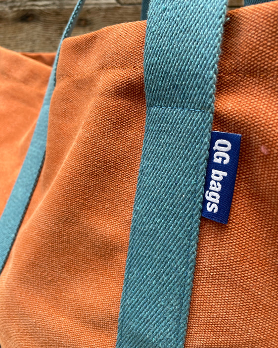 SUPER BAG tessuto cotone terracotta + manico azzurro
