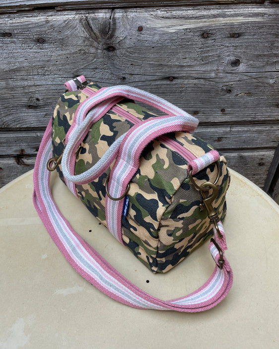 Lady Bag - canvas stampato camo  - manico rosa/grigio/bianco