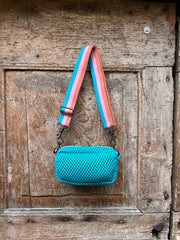 FLUO fuchsia neoprene PILLOW + blue embroidery