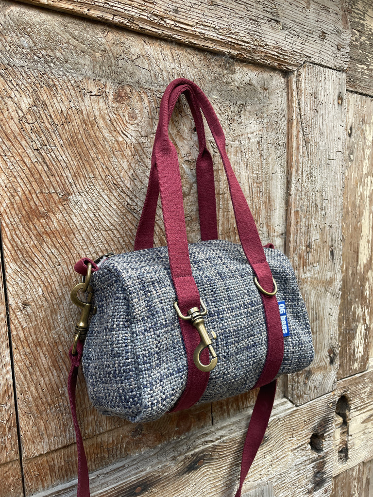 MINI BAULETTO tessuto tramato grigio/blu - manico bordeaux