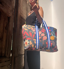 Super Bag tela nautica stampata nera + manico bluette/bianco/bluette