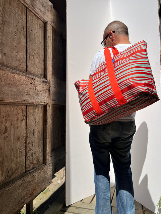 Super Bag raso righe rosse/verde acqua
