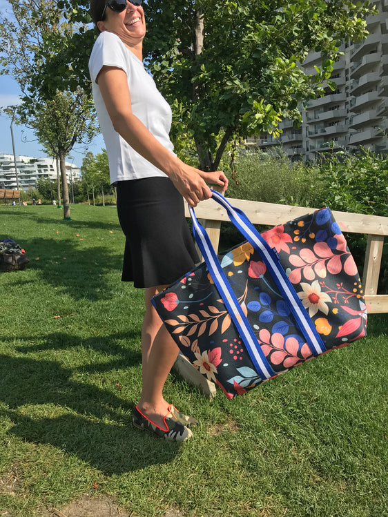 Super Bag tela nautica stampata nera + manico bluette/bianco/bluette
