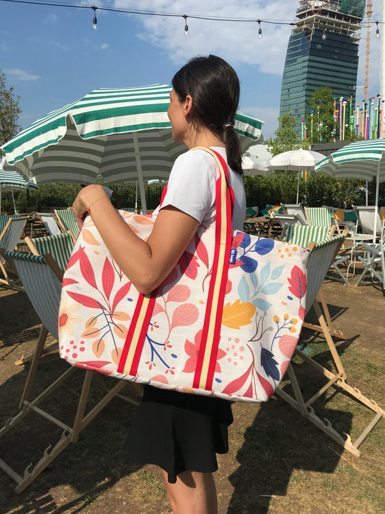 Super Bag tela nautica stampata bianca + manico rosso/bianco/rosso